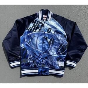 Men’s Mitchell & Ness Branded Basketball Bomber Satin Jacket Blue Medium NWOT